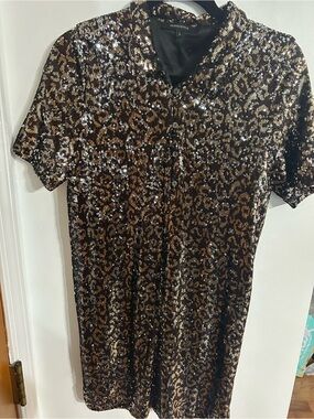 Olivaceous Black and Gold Sequined Leopard Button-Down Shirt Dress